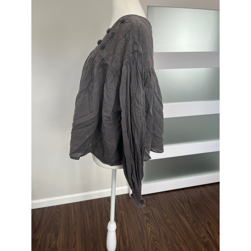 ZARA TRF Collection Gray Long Sleeve Boho Pom Pom Beaded Button Up Blouse Top - Picture 5 of 11